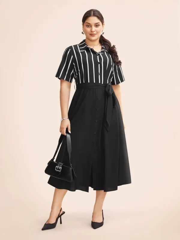 Shirt Collar Striped Patchwork Button Up Dress sold by Bloomchic