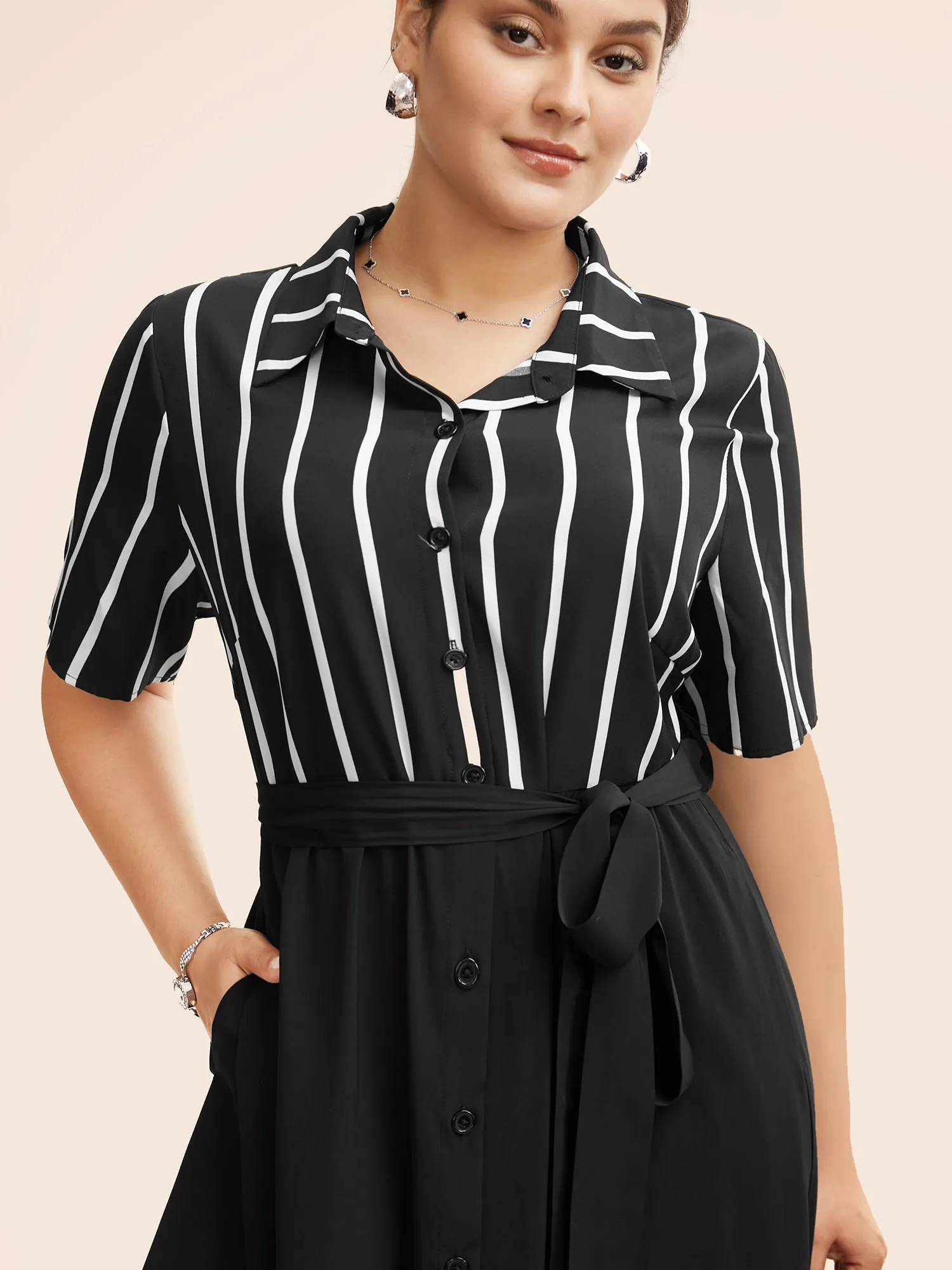 Shirt Collar Striped Patchwork Button Up Dress sold by Bloomchic product image thumbnail 4