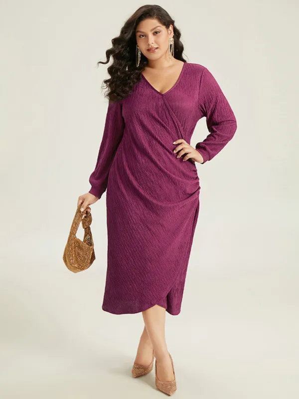 Plain Rib Knit V Neck Wrap Pleated Dress sold by Bloomchic