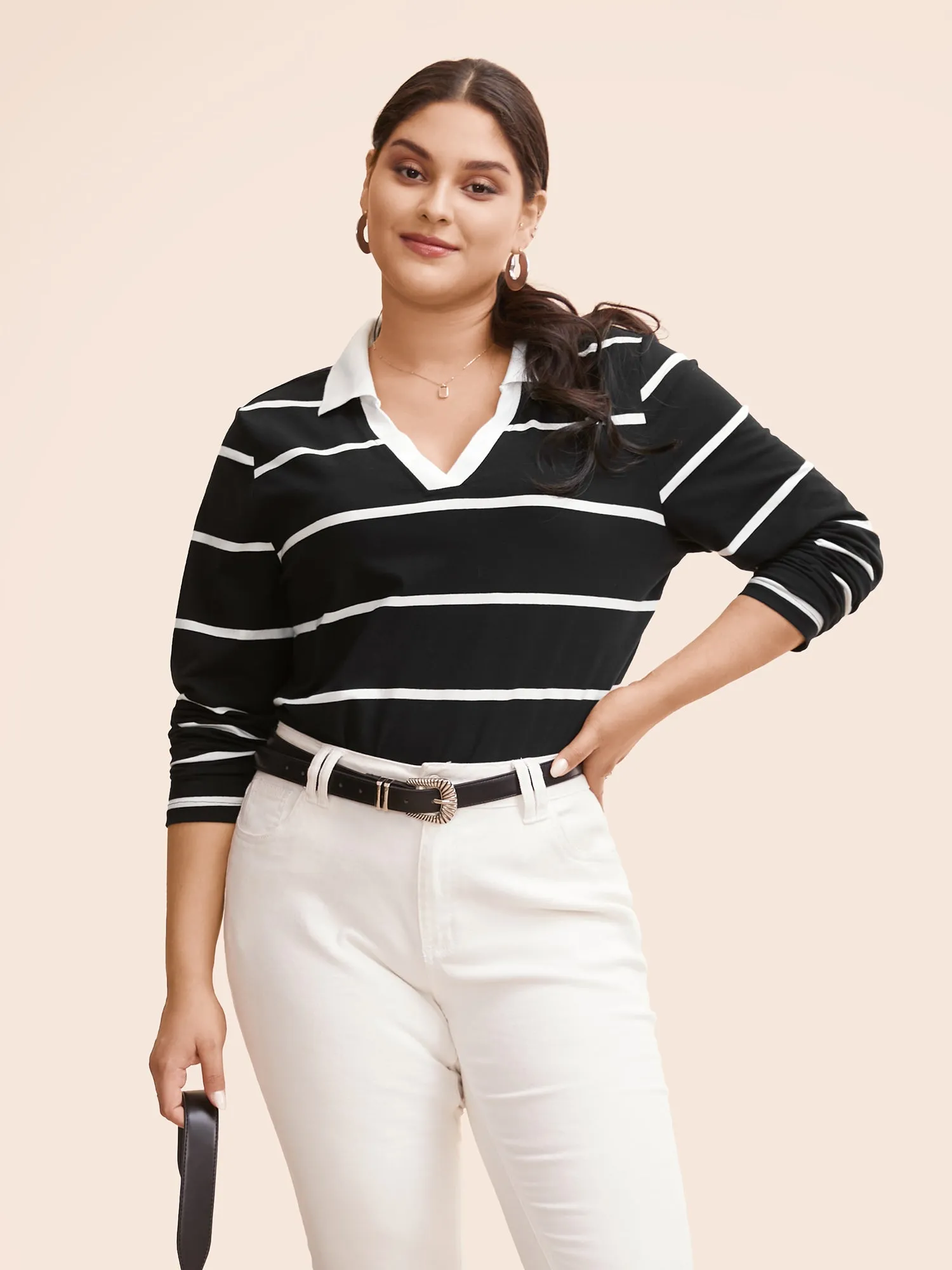 Striped Contrast Collared V Neck T-shirt sold by Bloomchic product image thumbnail 2