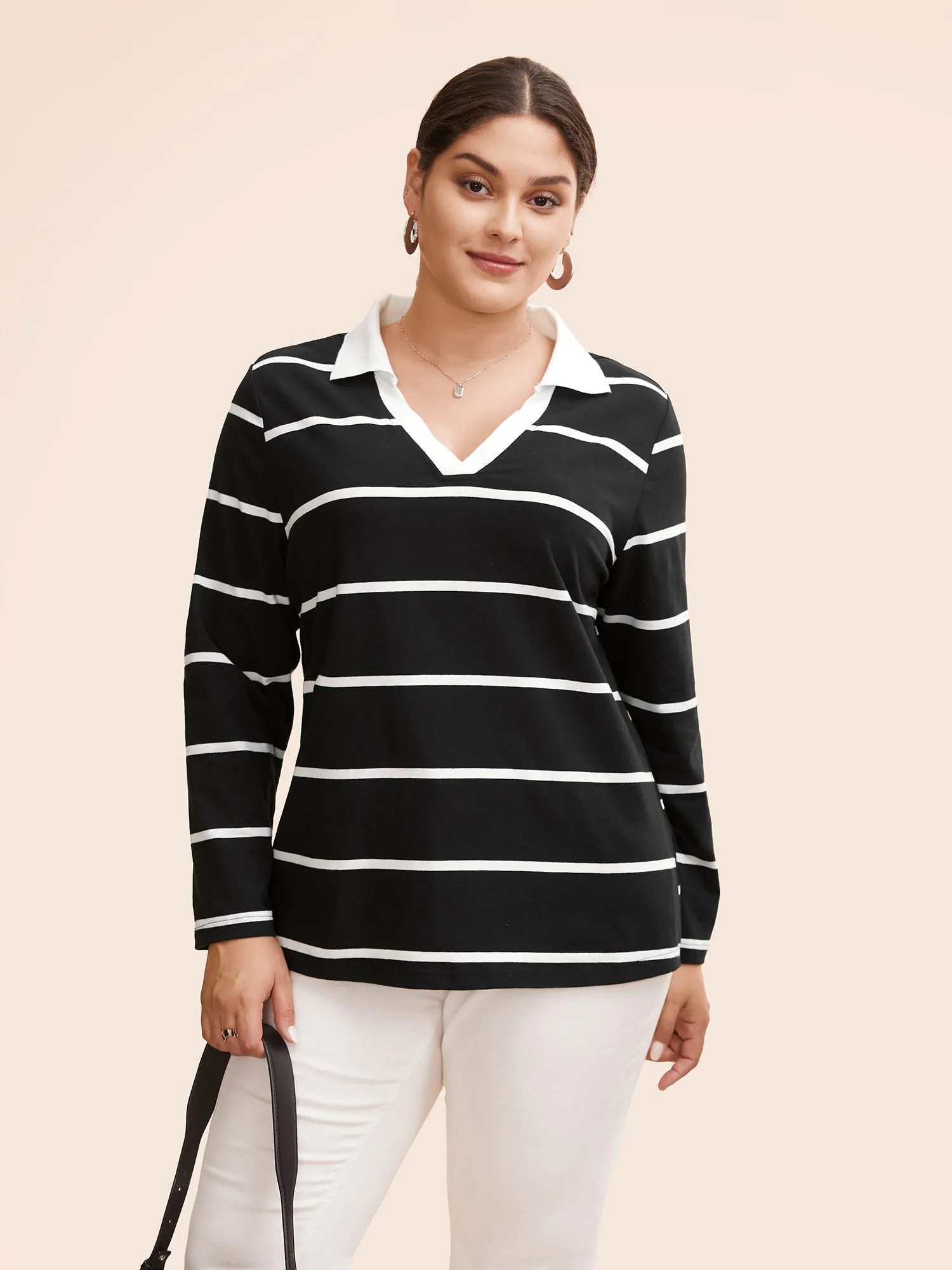 Striped Contrast Collared V Neck T-shirt sold by Bloomchic