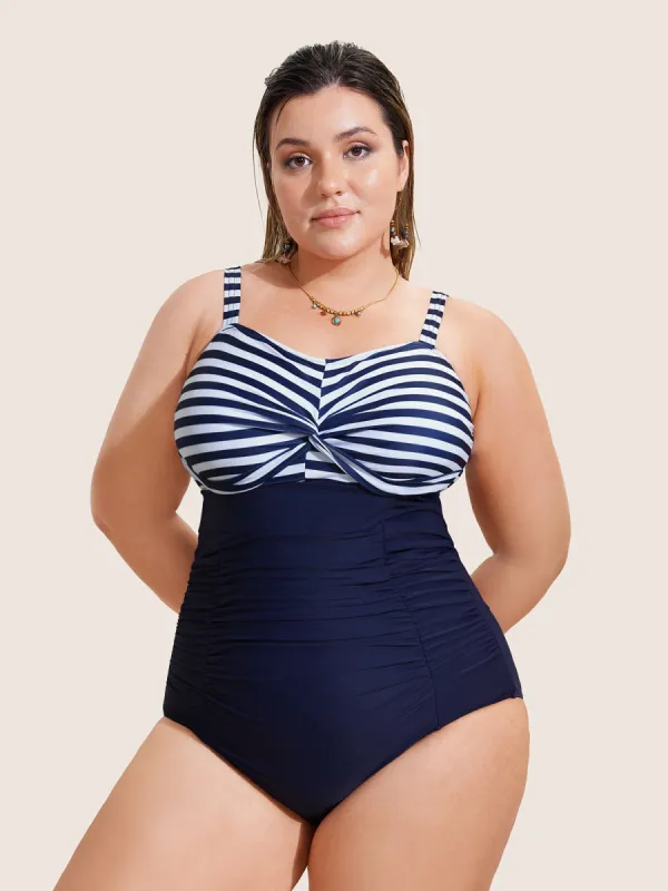 Striped Patchwork Twist Front One Piece Swimsuit sold by Bloomchic