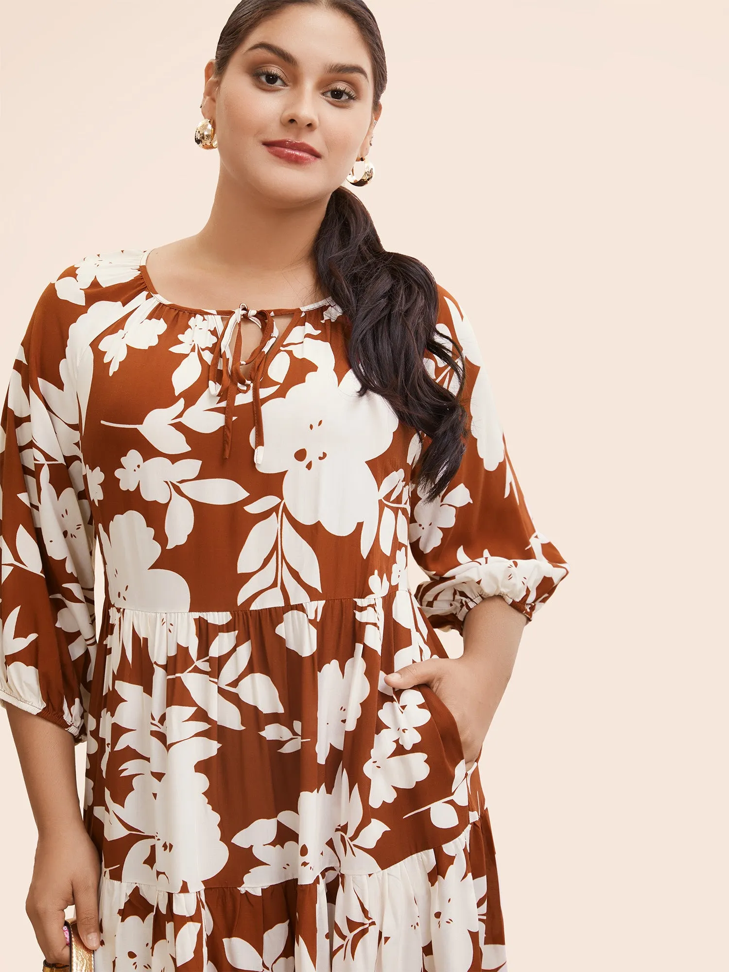 Silhouette Floral Print Knot Neck Lantern Sleeve Dress sold by Bloomchic product image thumbnail 3