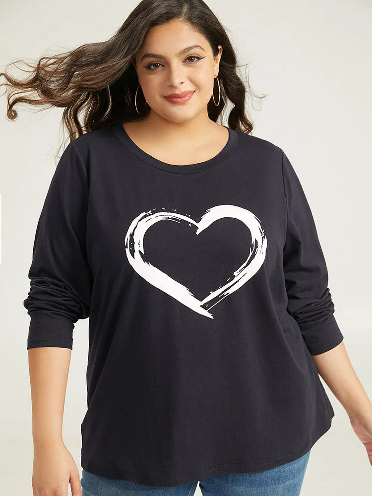 Heart Print Crew Neck T-shirt sold by Bloomchic