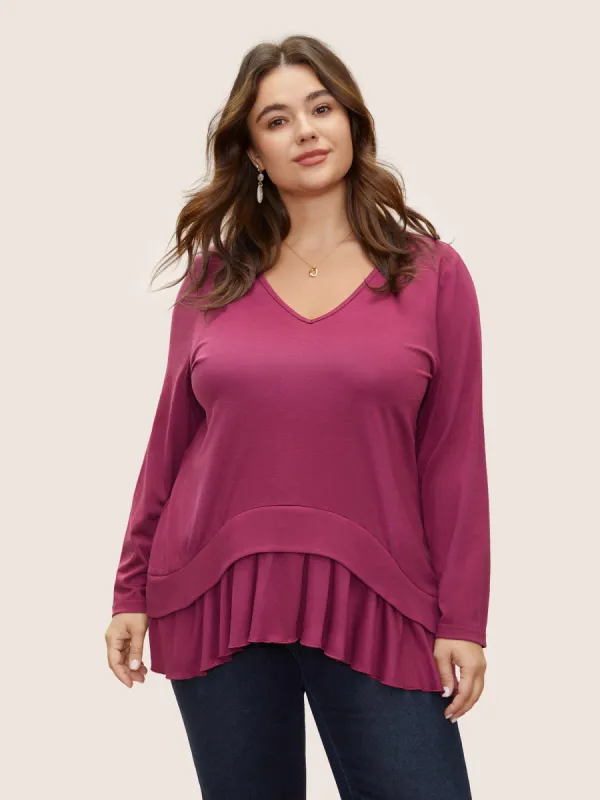 Plain Pleated V Neck Arc Hem T-shirt sold by Bloomchic