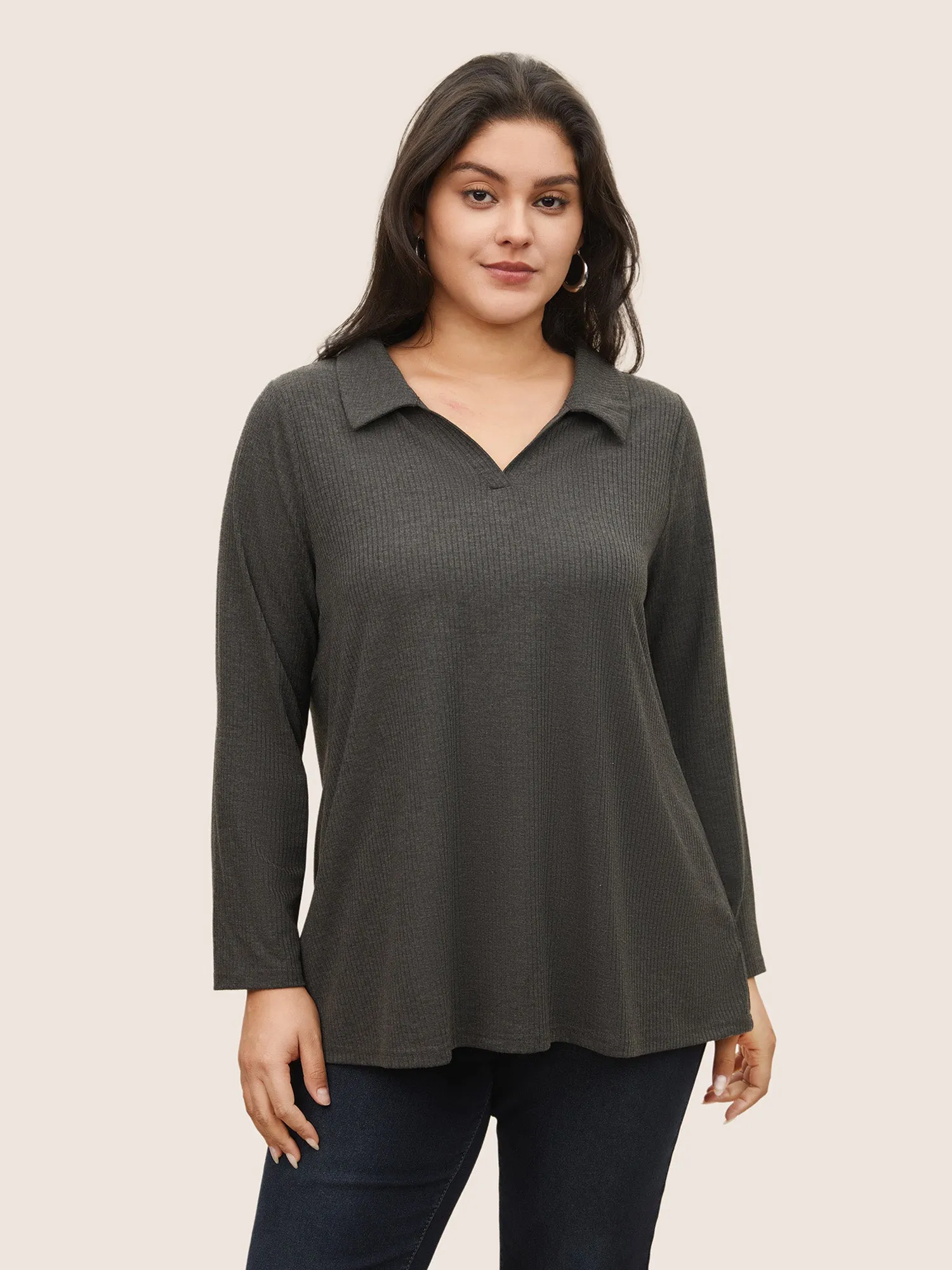 Plain Lapel Collar Rib Knit T-shirt sold by Bloomchic