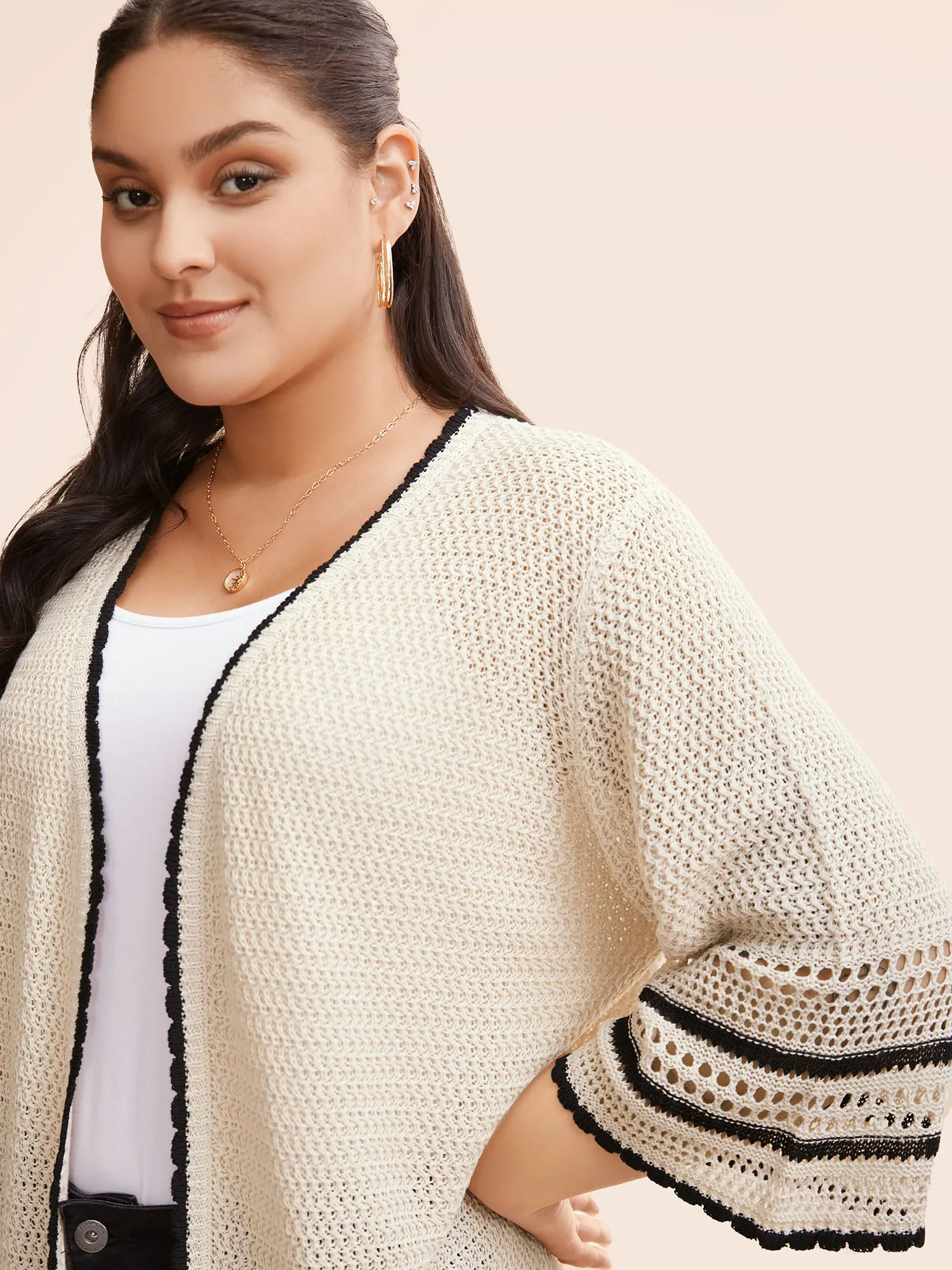 Solid Contrast Trim Bell Sleeve Cardigan sold by Bloomchic product image thumbnail 4
