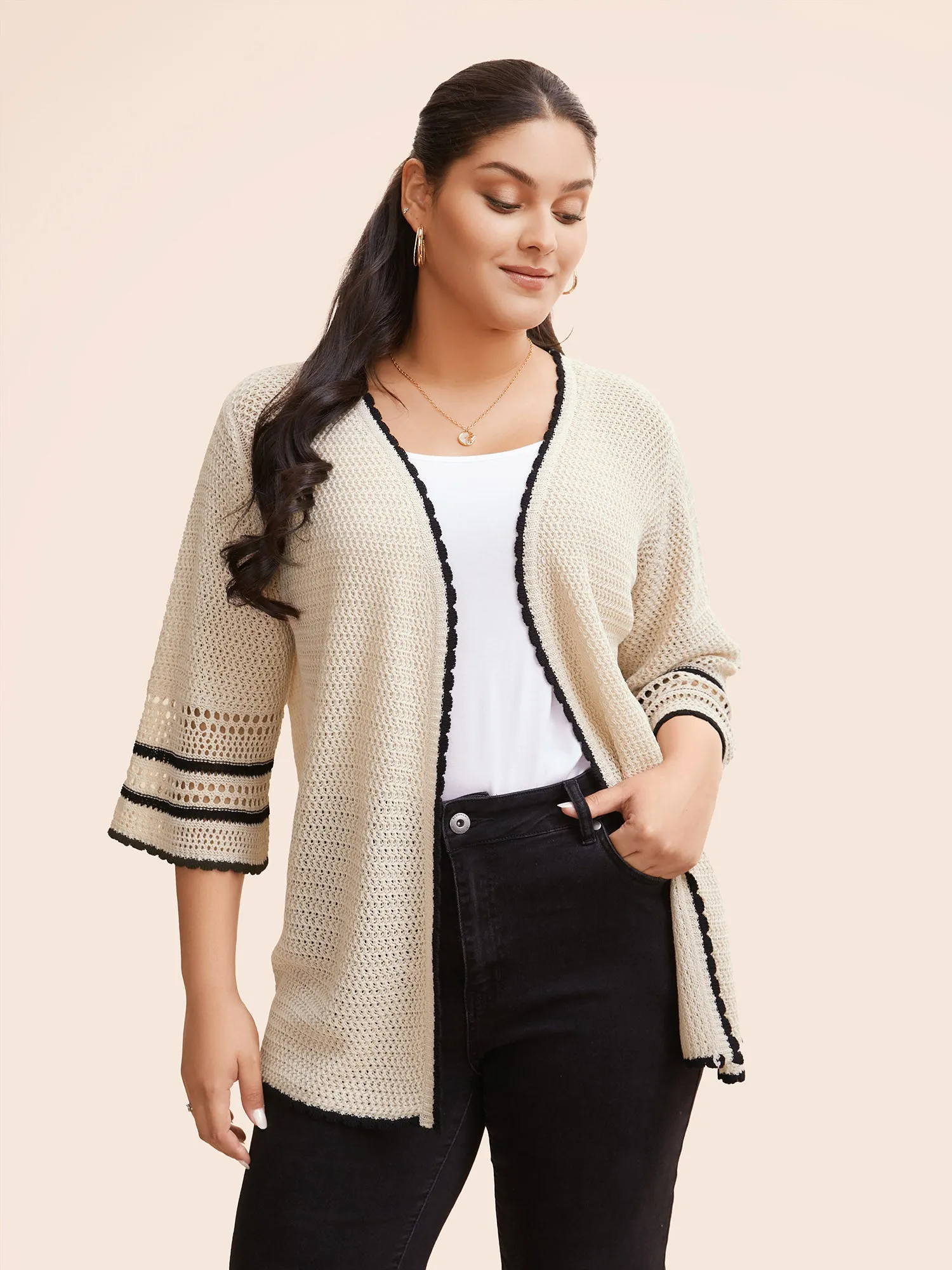 Solid Contrast Trim Bell Sleeve Cardigan sold by Bloomchic