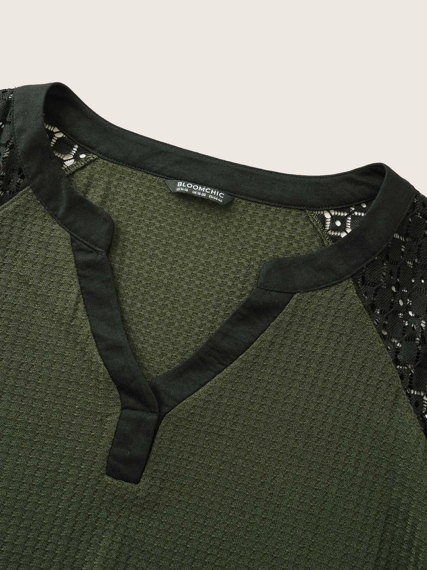 Lace Patchwork Waffle Knit Contrast Notched T-shirt sold by Bloomchic product image thumbnail 5