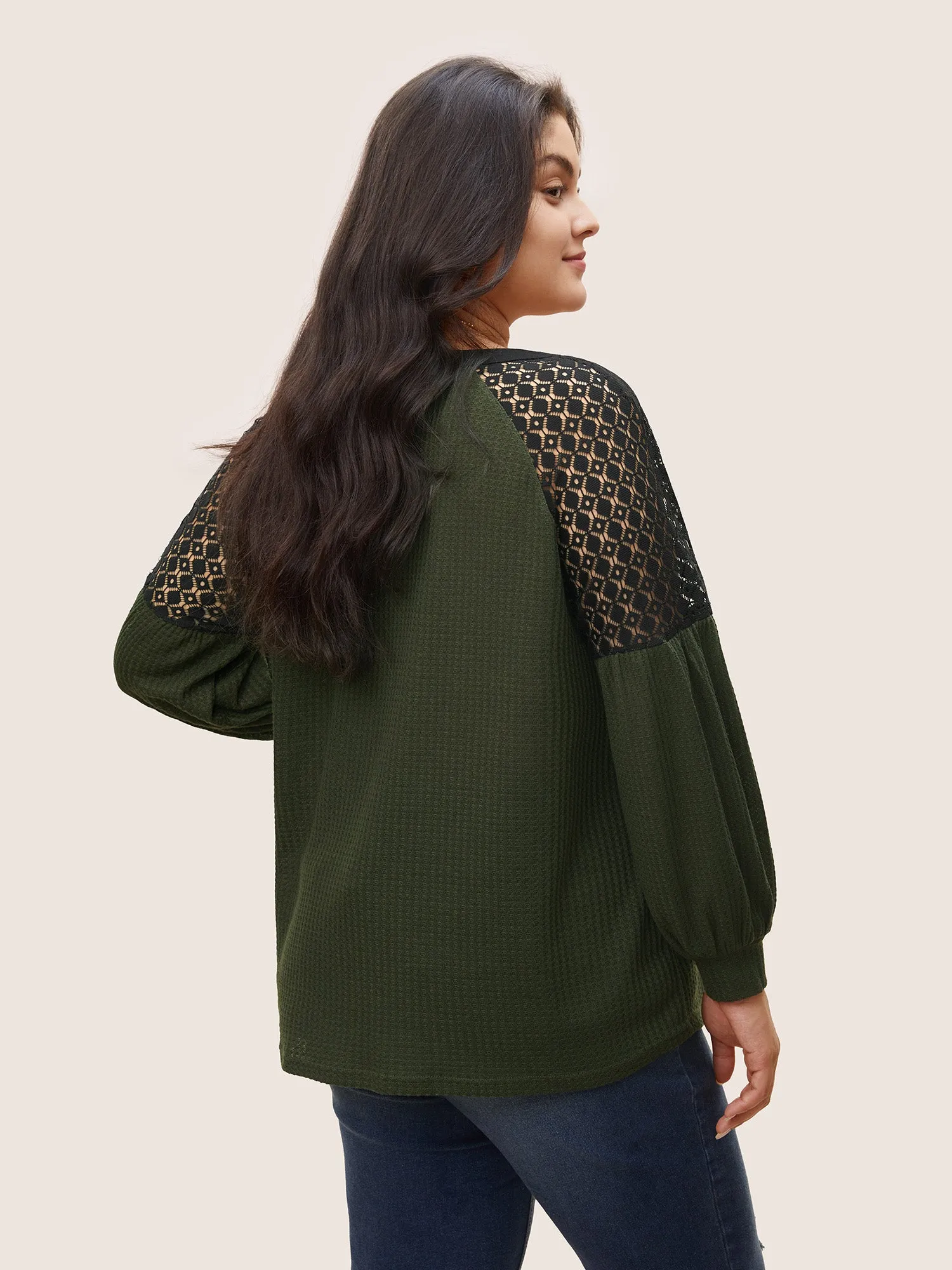 Lace Patchwork Waffle Knit Contrast Notched T-shirt sold by Bloomchic product image thumbnail 2