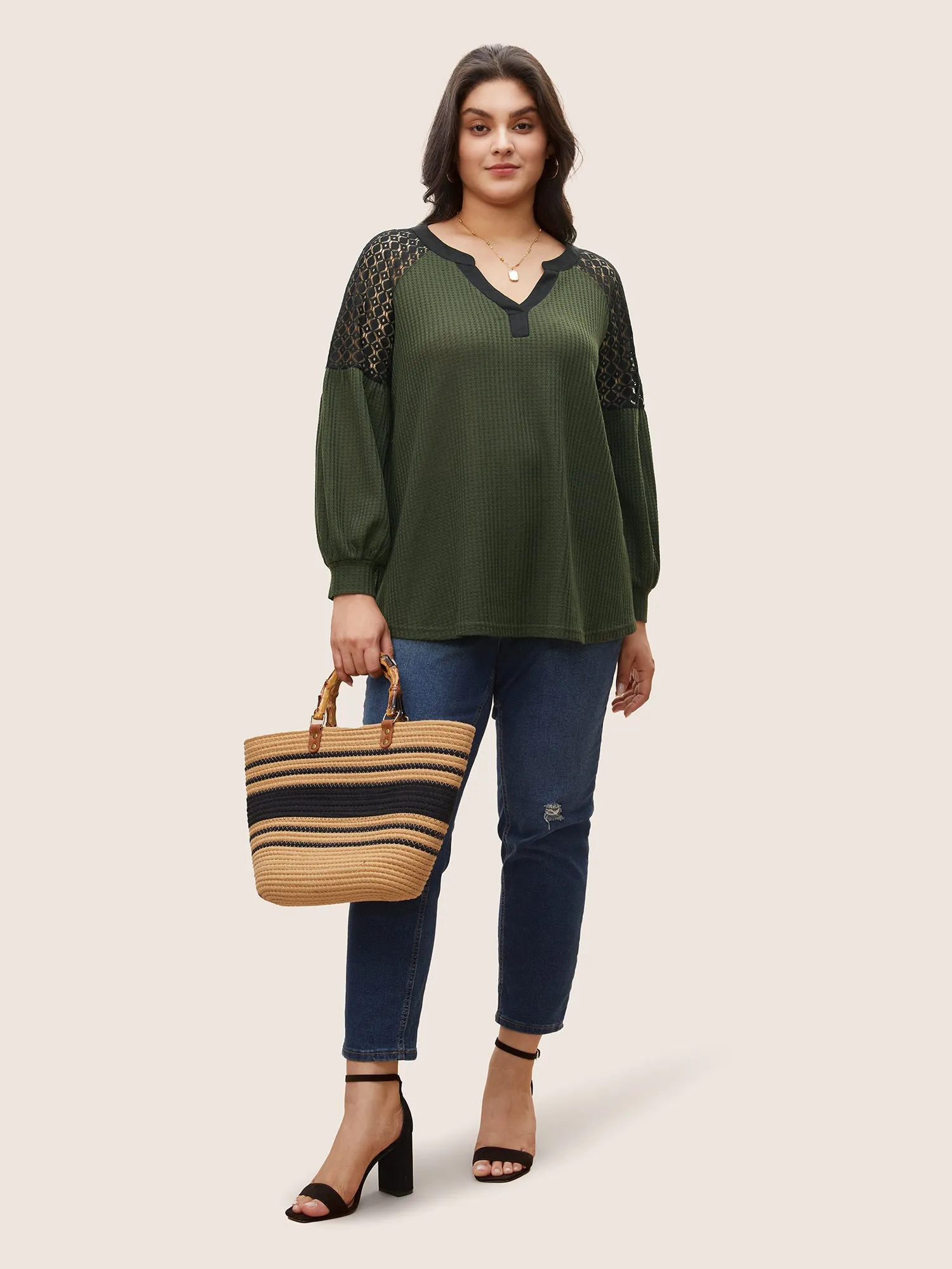 Lace Patchwork Waffle Knit Contrast Notched T-shirt sold by Bloomchic product image thumbnail 3