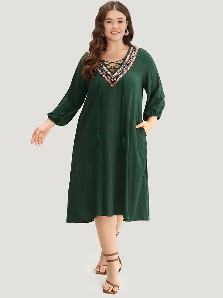 Contrast Webbing Lace Up High Low Hem Dress sold by Bloomchic