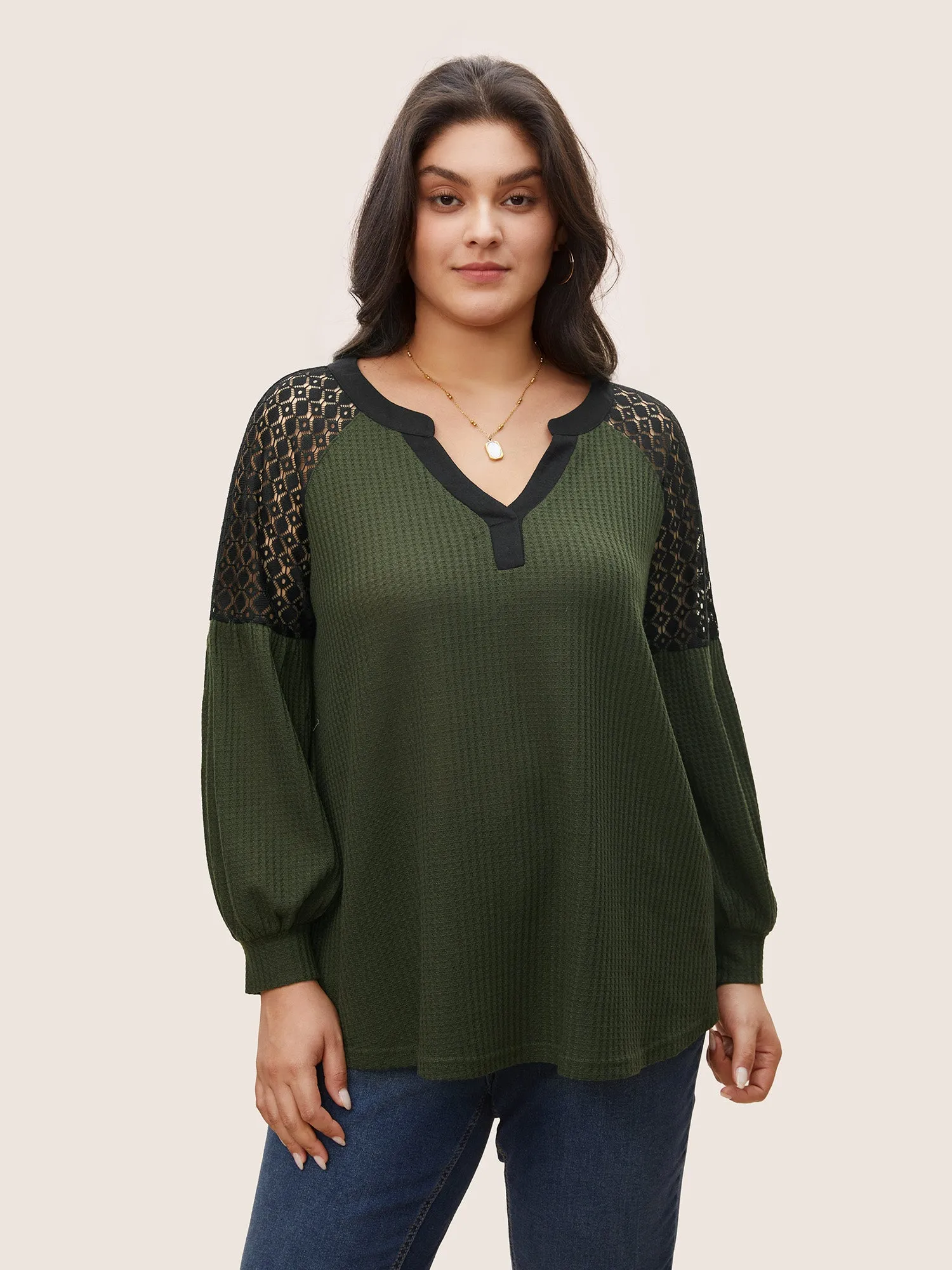 Lace Patchwork Waffle Knit Contrast Notched T-shirt sold by Bloomchic