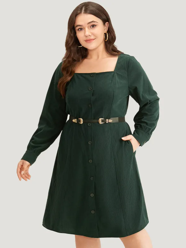 Corduroy Plain Pocket Button Detail Dress sold by Bloomchic