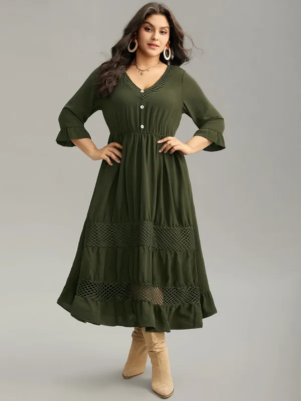 Plain Ruffles Patchwork Button Detail Cut Out Dress sold by Bloomchic