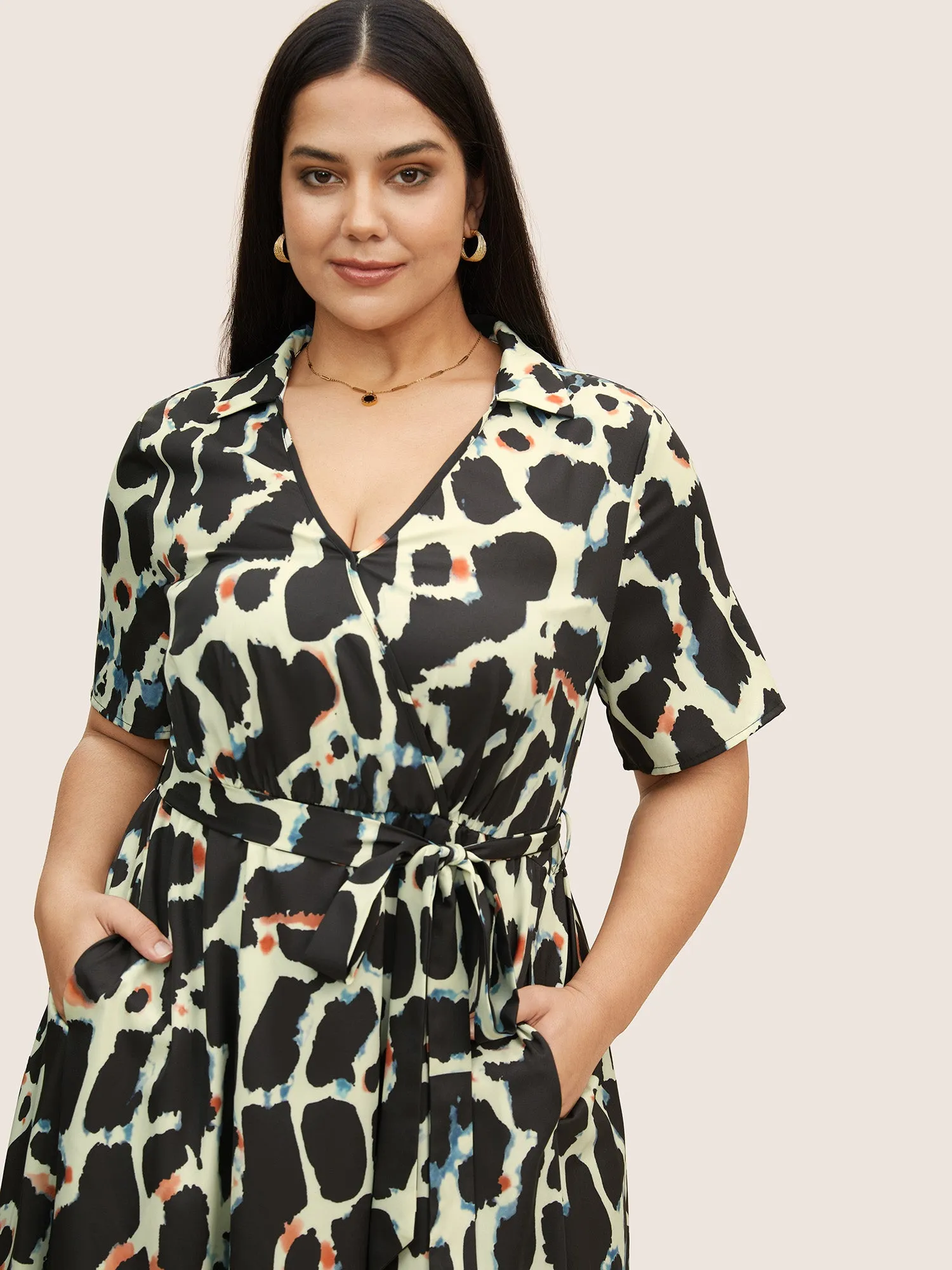 Overlap Collar Geometric Belted Dress sold by Bloomchic product image thumbnail 4