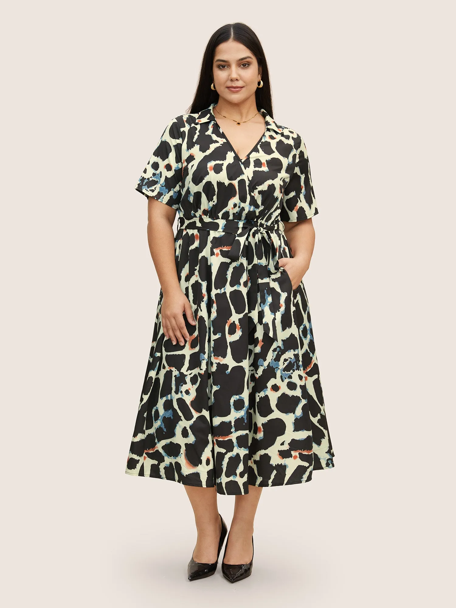 Overlap Collar Geometric Belted Dress sold by Bloomchic product image thumbnail 3