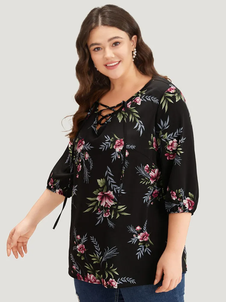 Floral Print Lace Up Lantern Sleeve Blouse sold by Bloomchic product image thumbnail 3