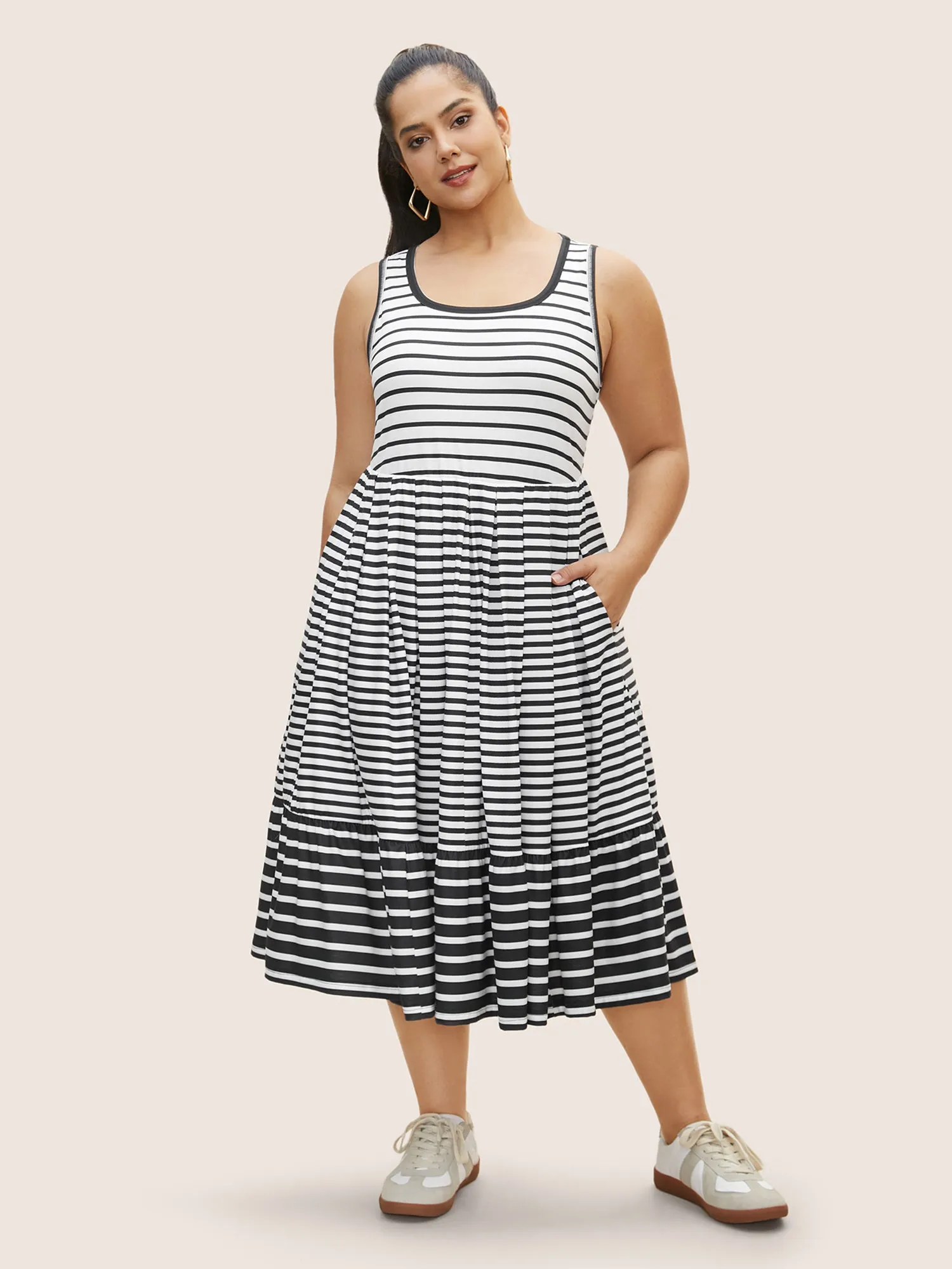 Striped Ruffle Layered Hem Tank Midi Dress sold by Bloomchic