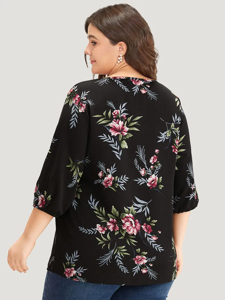 Floral Print Lace Up Lantern Sleeve Blouse sold by Bloomchic product image thumbnail 4