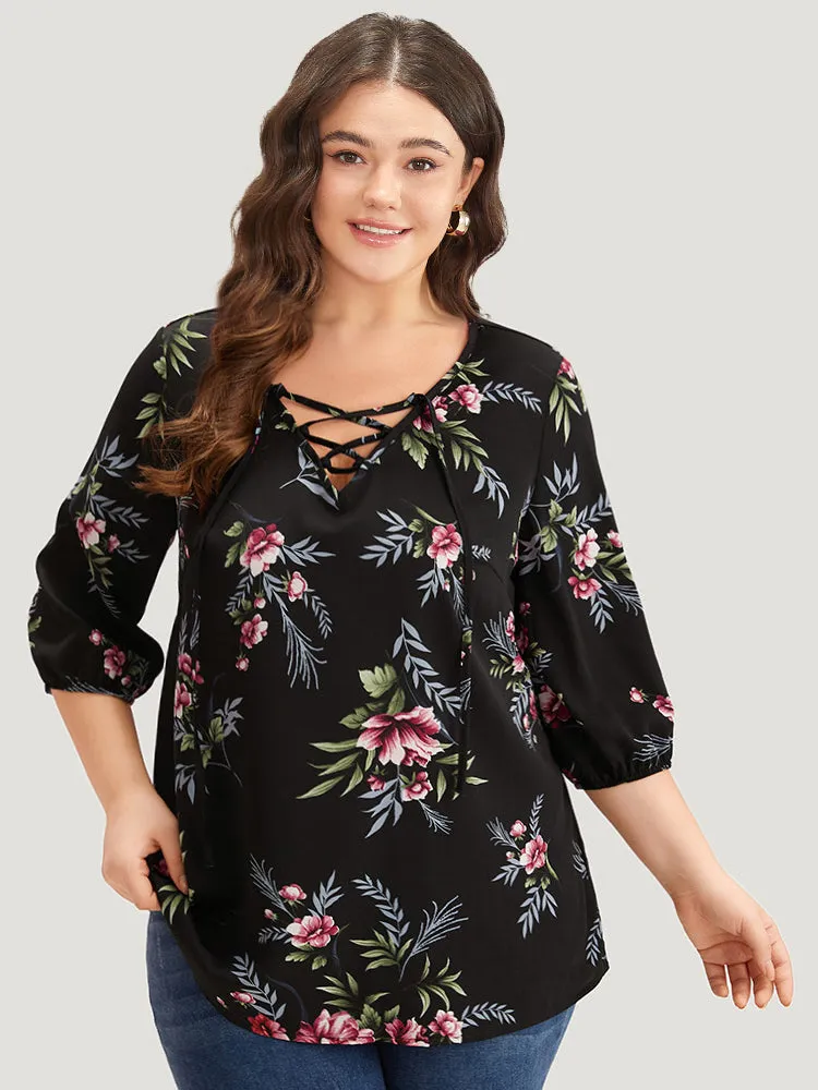 Floral Print Lace Up Lantern Sleeve Blouse sold by Bloomchic