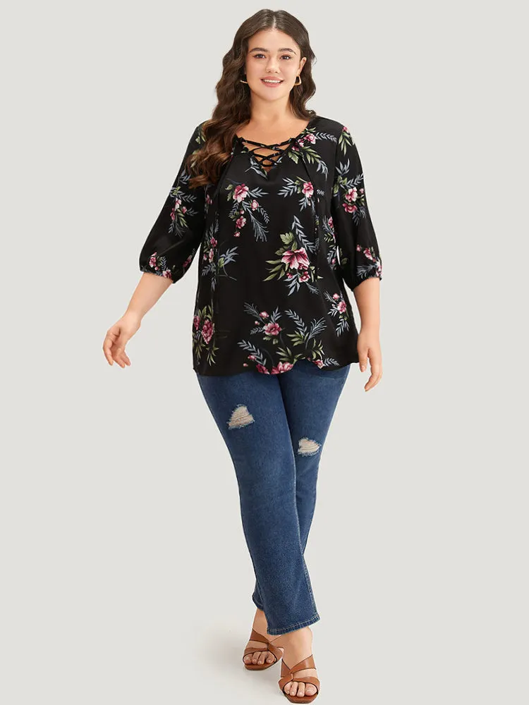 Floral Print Lace Up Lantern Sleeve Blouse sold by Bloomchic product image thumbnail 2