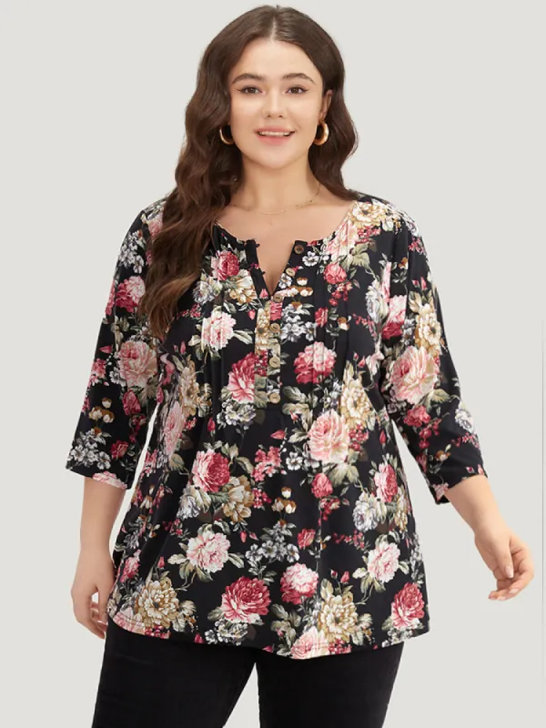Floral Print Pleated Button Up T-shirt sold by Bloomchic