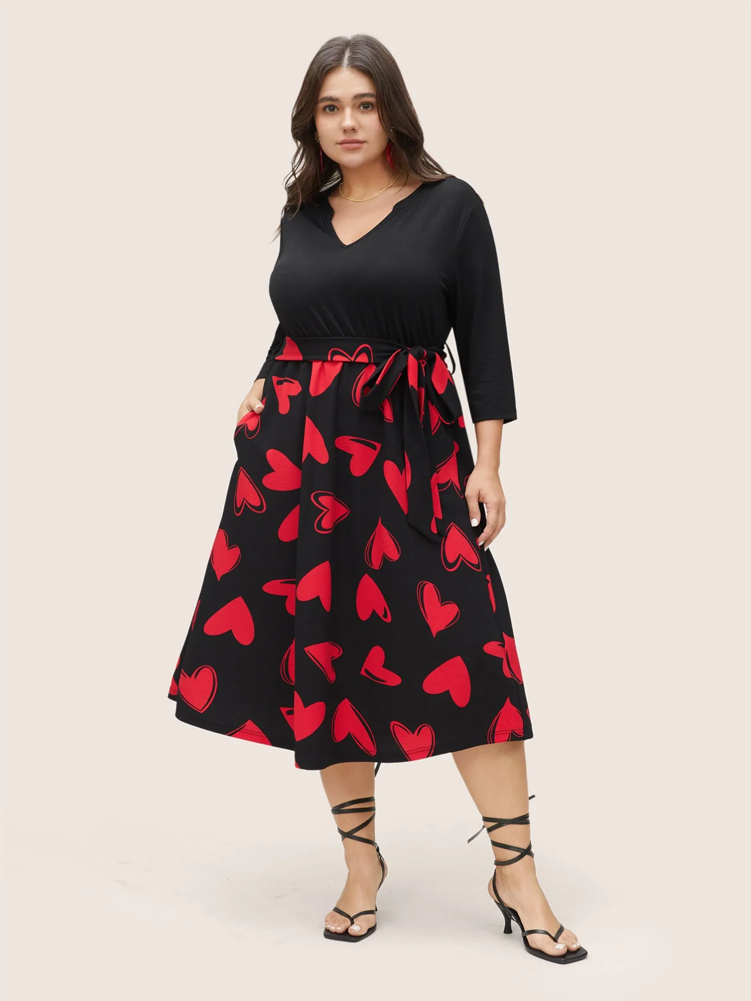 Heart Print Notched Belted Patchwork Dress sold by Bloomchic product image thumbnail 3