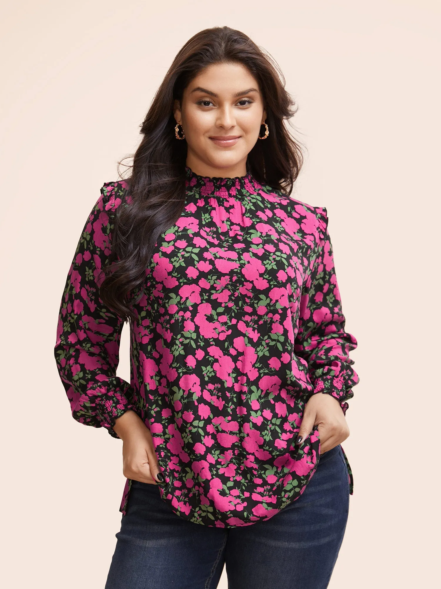 Floral Wrap Collar Ruffle Trim Blouse sold by Bloomchic product image thumbnail 3