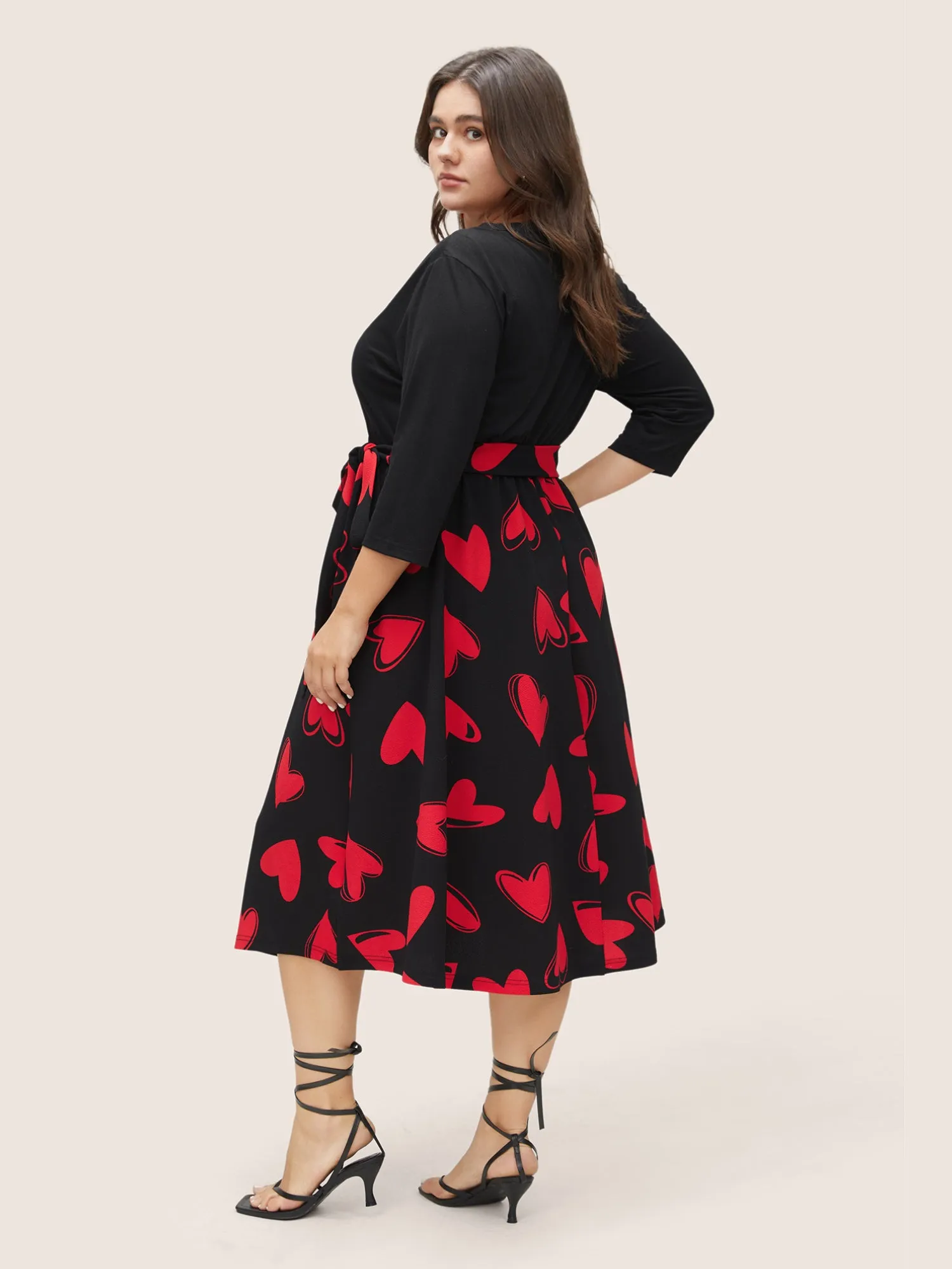 Heart Print Notched Belted Patchwork Dress sold by Bloomchic product image thumbnail 2