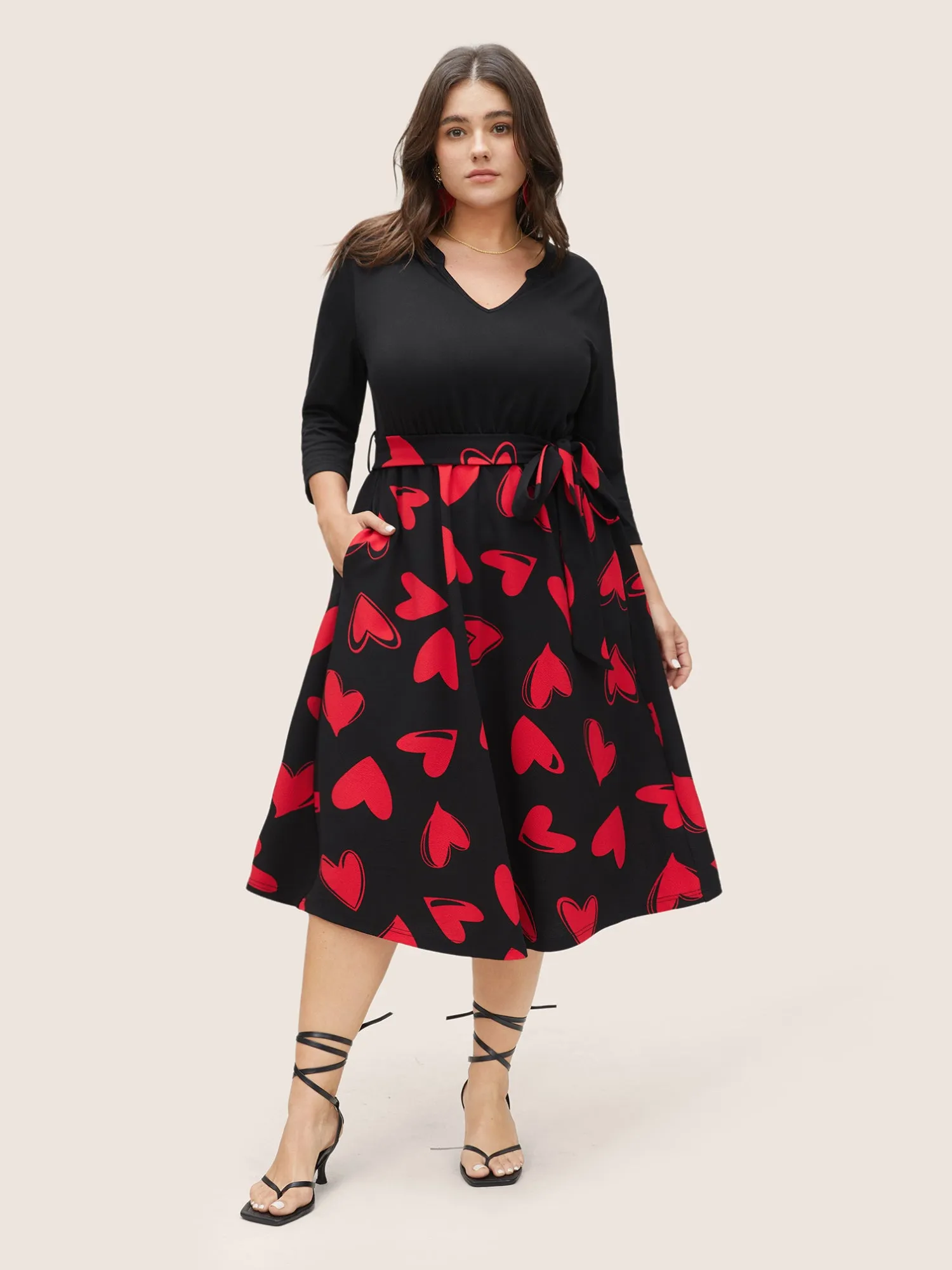 Heart Print Notched Belted Patchwork Dress sold by Bloomchic