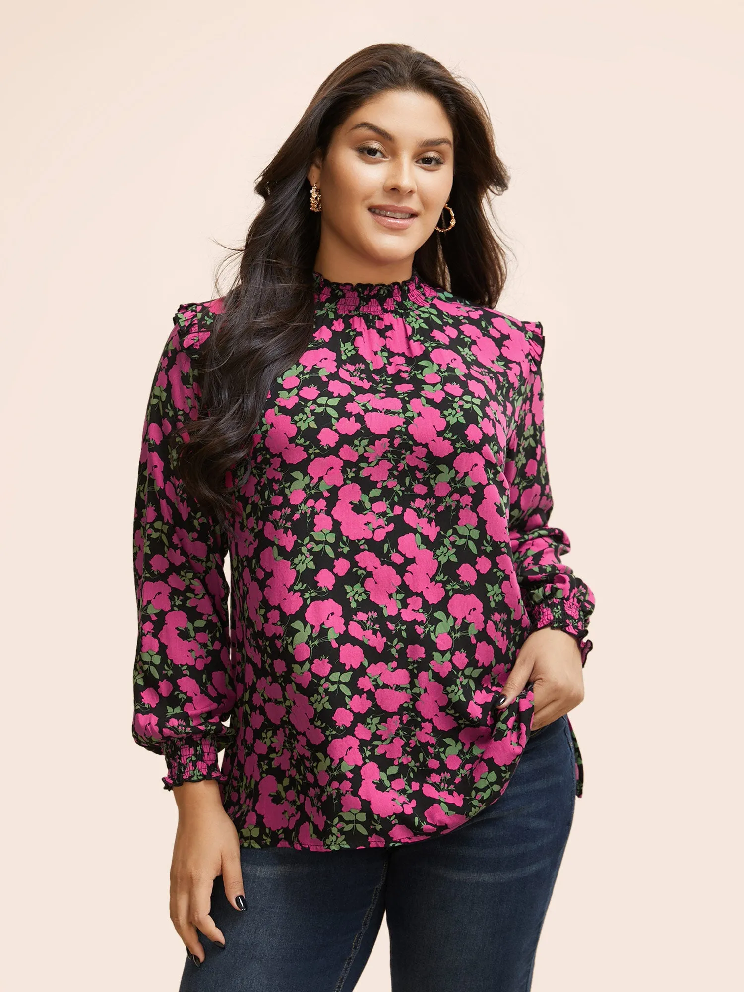 Floral Wrap Collar Ruffle Trim Blouse sold by Bloomchic