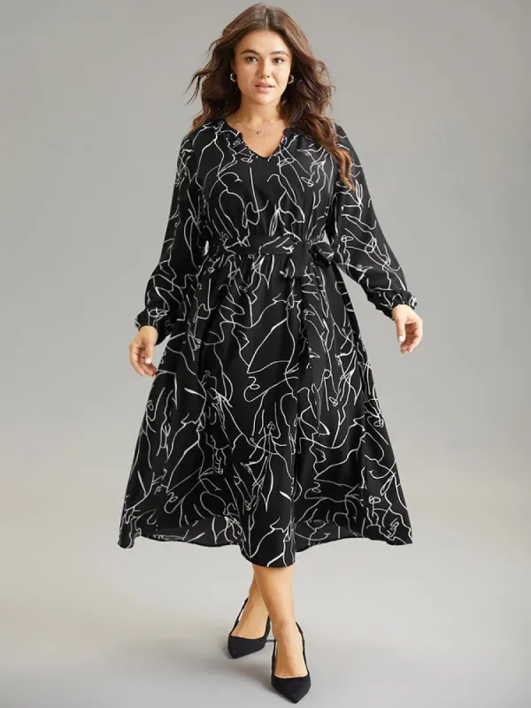 Geometric Print Pocket Notched Belted Dress sold by Bloomchic
