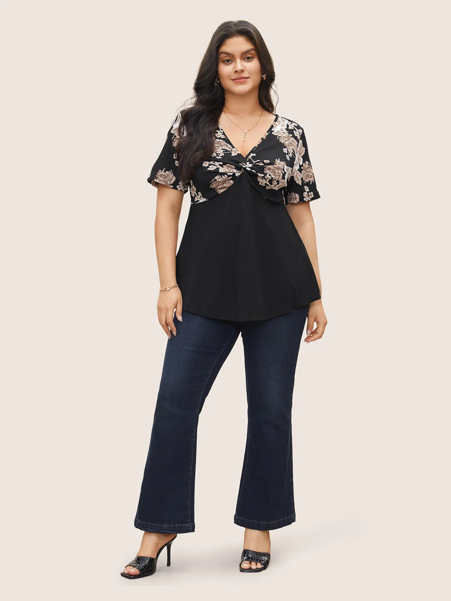 Floral Twist Front Asymmetrical Hem T-shirt sold by Bloomchic product image thumbnail 3