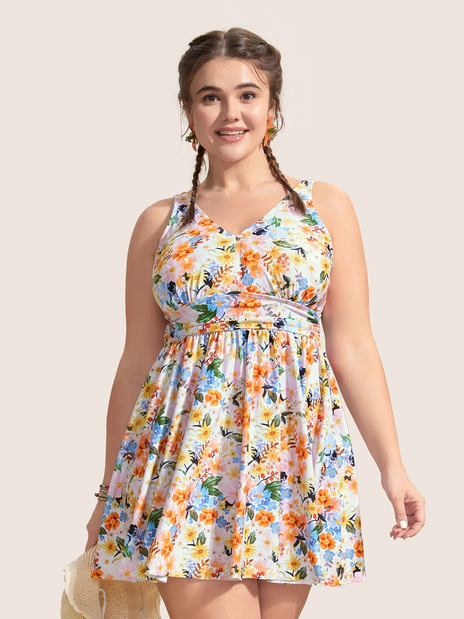 V Neck Floral Print Gathered Swim Dress sold by Bloomchic