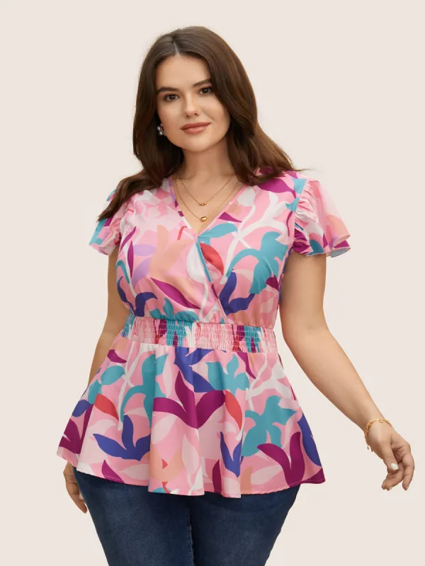 Colored Floral Overlap Collar Shirred Blouse sold by Bloomchic