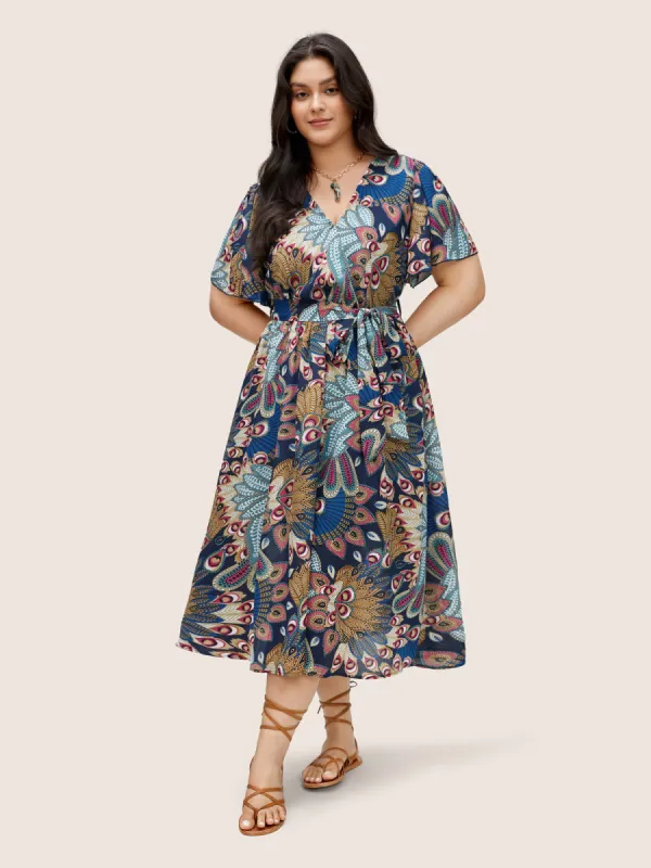 Paisley Print Wrap Belted Ruffle Sleeve Dress sold by Bloomchic