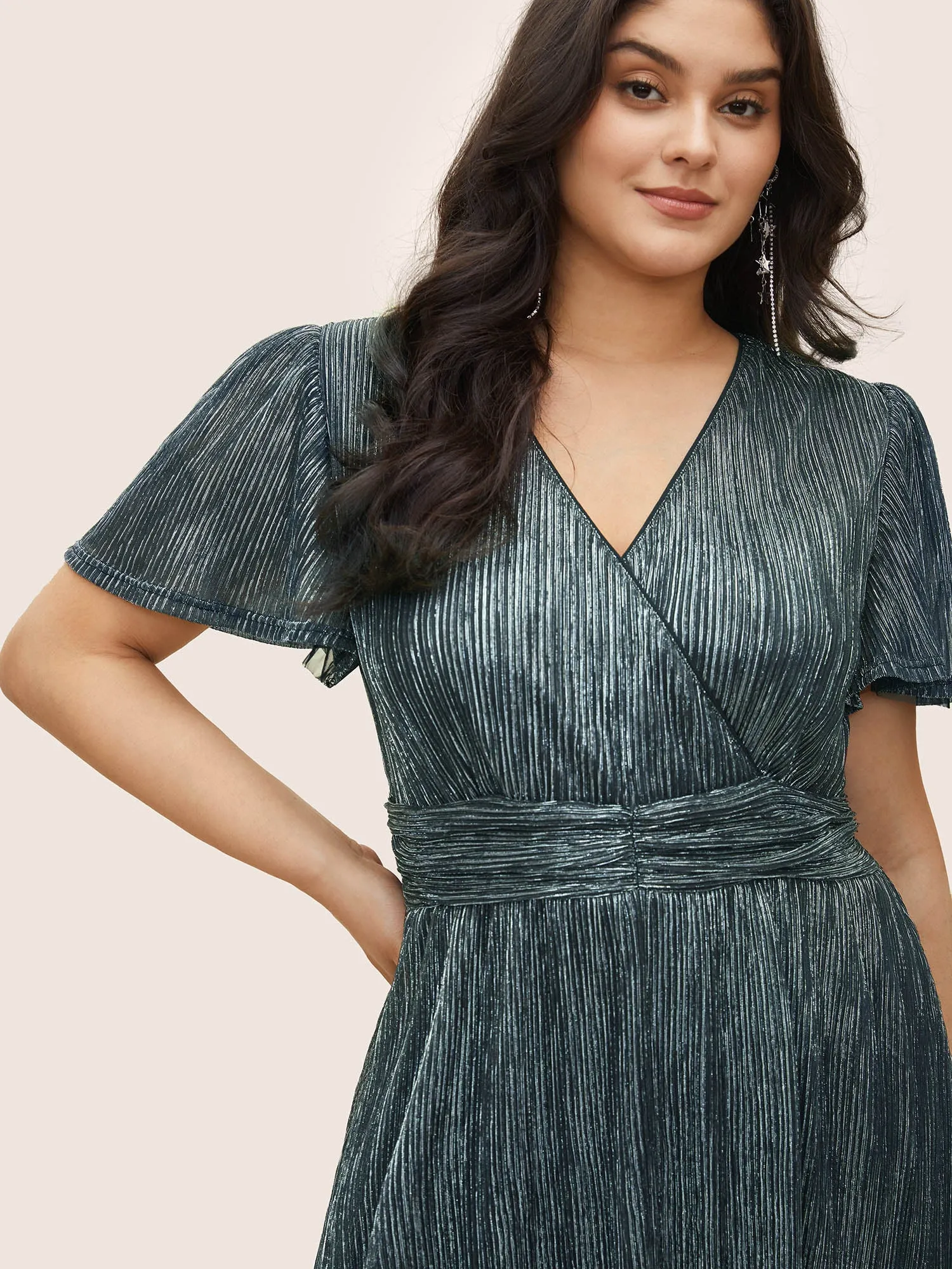 Glitter Mesh Surplice Neck Ruffle Sleeve Pocket Midi Dress sold by Bloomchic product image thumbnail 4