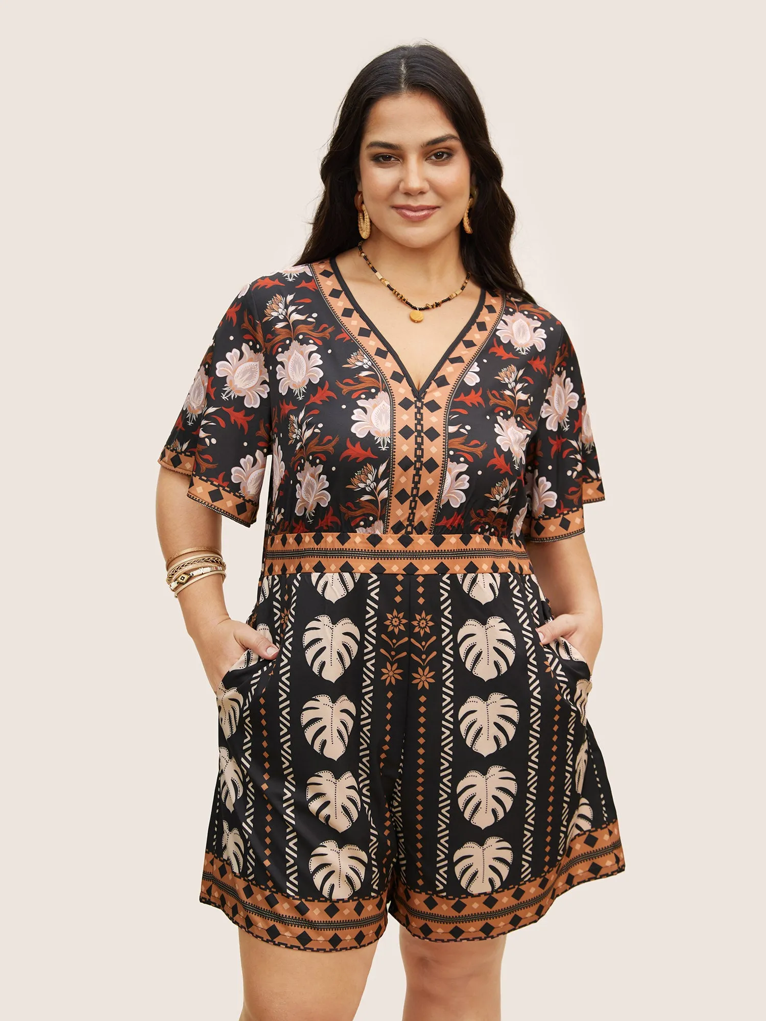 V Neck Bandana Print Flutter Sleeve Jumpsuit sold by Bloomchic