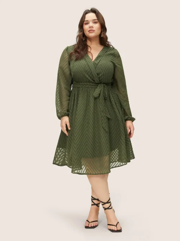 Plisse Belted Mesh Overlap Collar Dress sold by Bloomchic