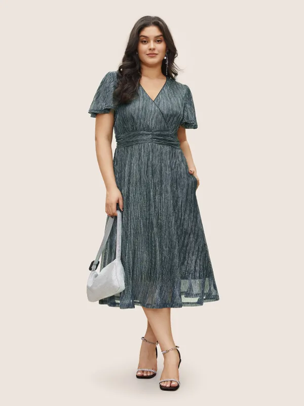 Glitter Mesh Surplice Neck Ruffle Sleeve Pocket Midi Dress sold by Bloomchic