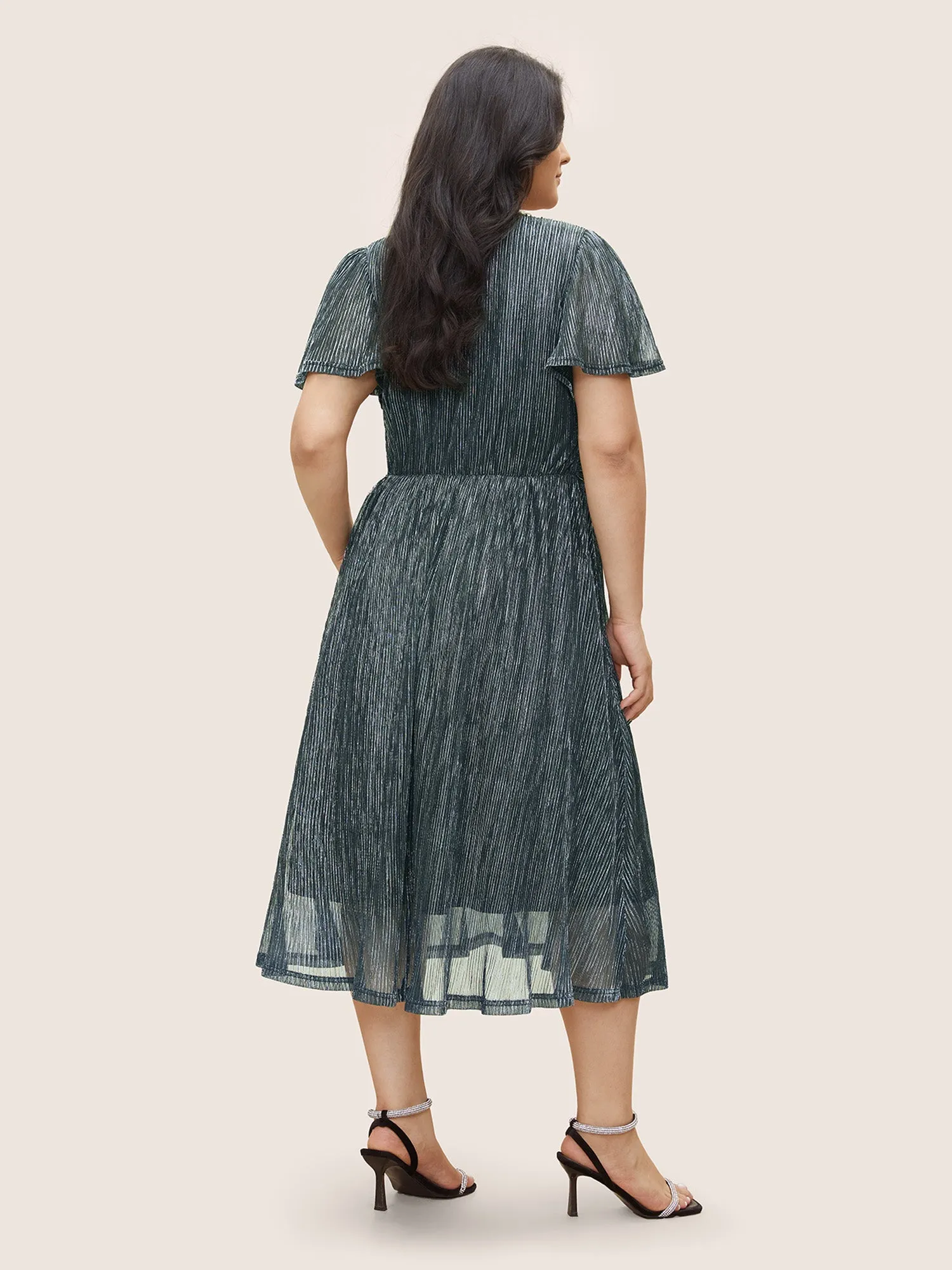 Glitter Mesh Surplice Neck Ruffle Sleeve Pocket Midi Dress sold by Bloomchic product image thumbnail 3