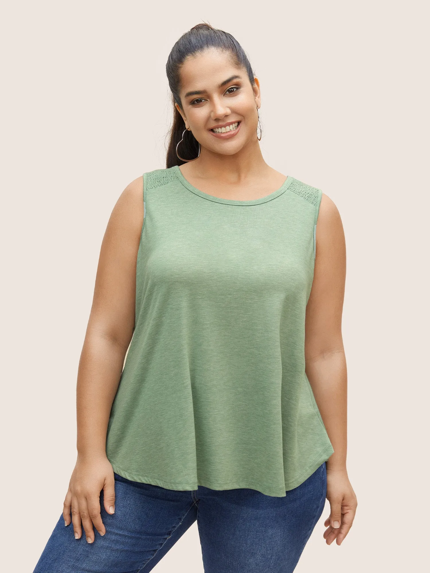 Solid Patchwork Shirred Arc Hem Tank Top sold by Bloomchic