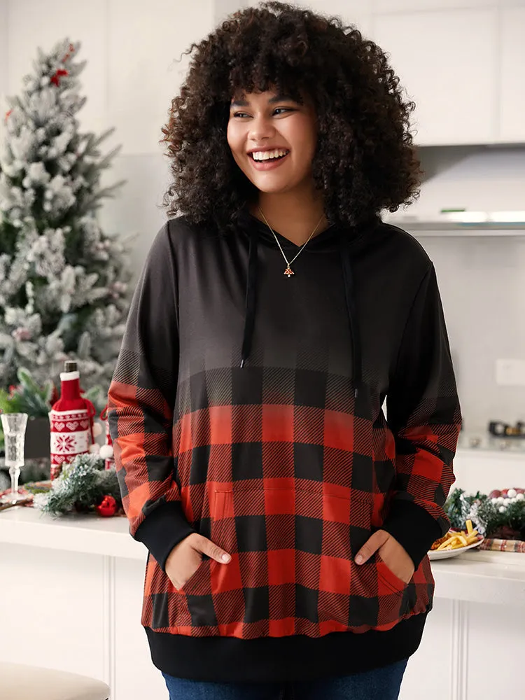 Rib Knit Ombre Plaid Pocket Hooded Sweatshirt sold by Bloomchic