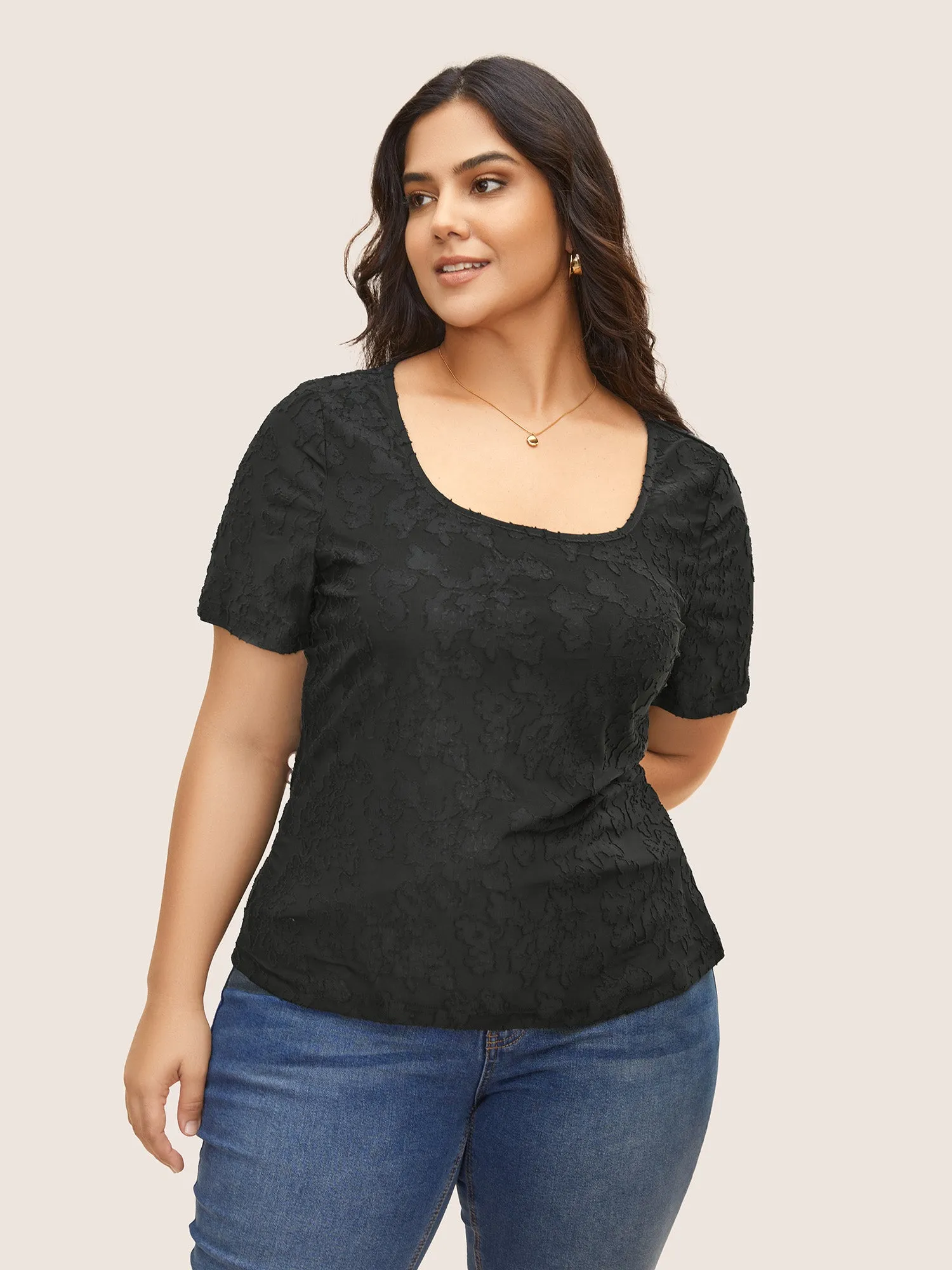 Square Neck Plain Textured T-shirt sold by Bloomchic
