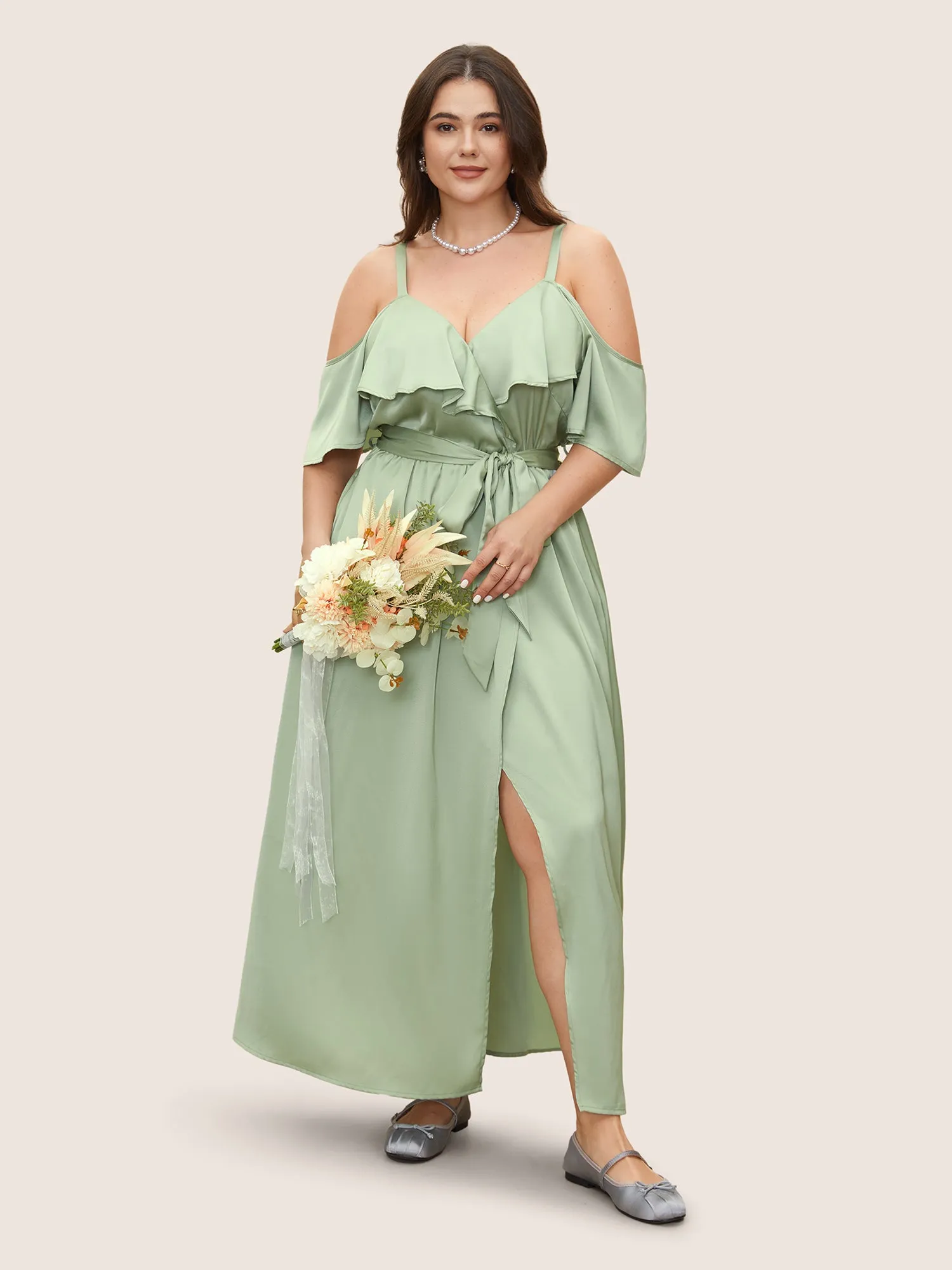 Solid Heart Neckline Satin Ruffle Sleeve Dress sold by Bloomchic product image thumbnail 2