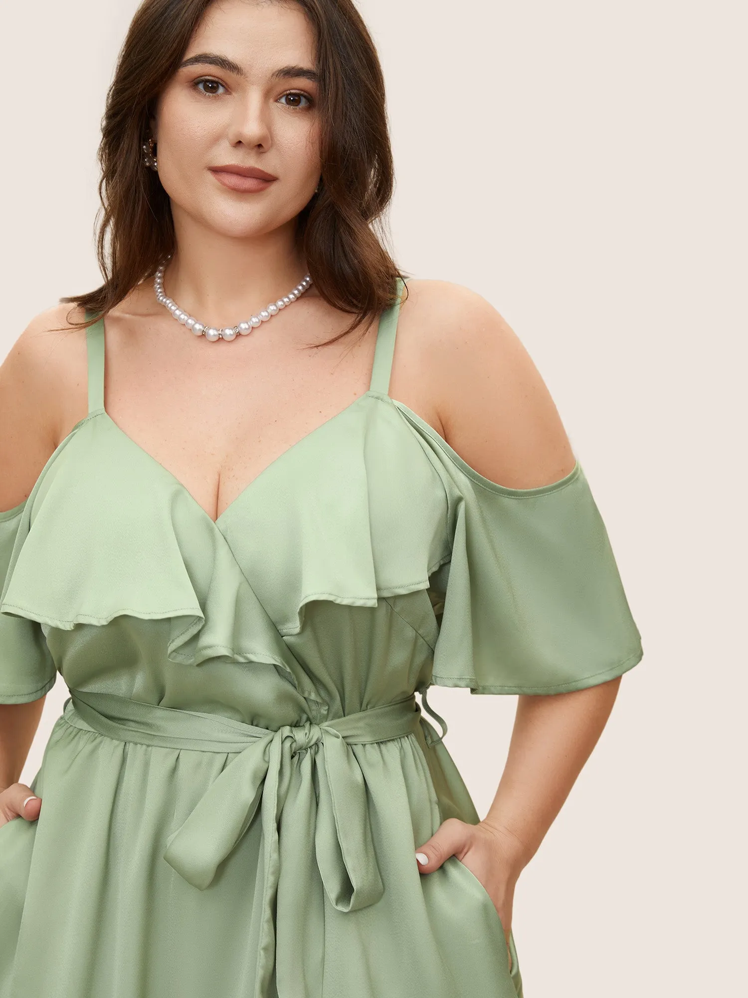 Solid Heart Neckline Satin Ruffle Sleeve Dress sold by Bloomchic product image thumbnail 4