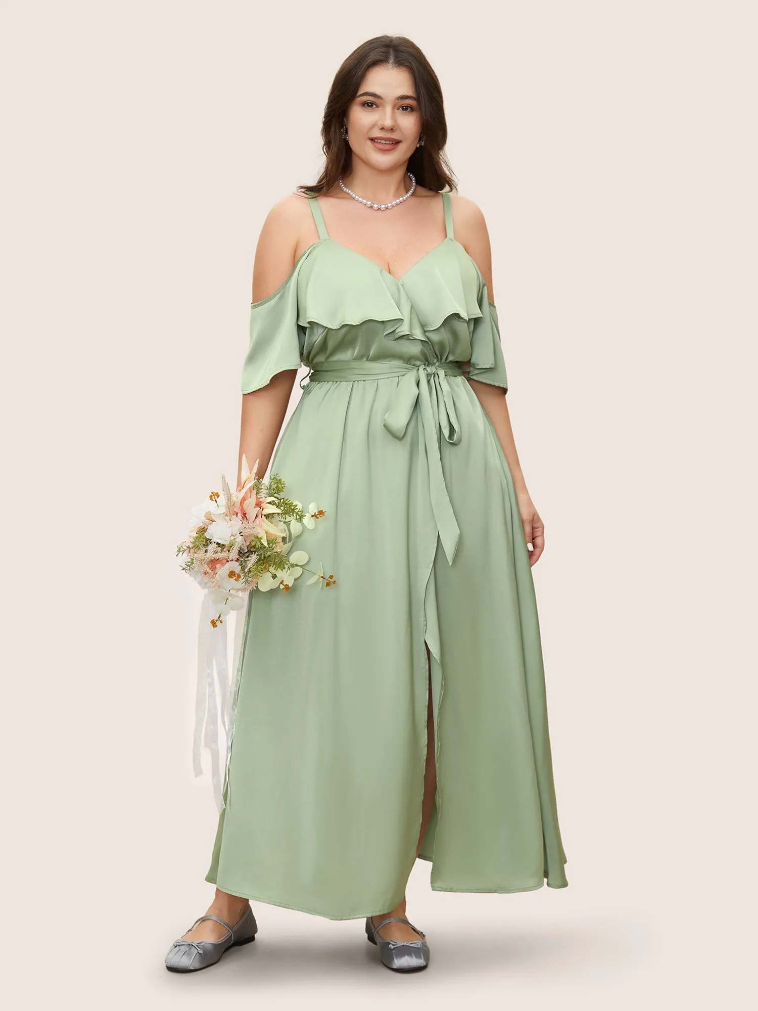 Solid Heart Neckline Satin Ruffle Sleeve Dress sold by Bloomchic