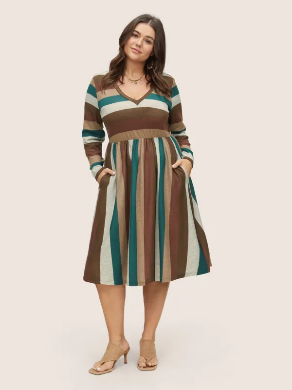 Contrast Striped Pocket V Neck Dress sold by Bloomchic