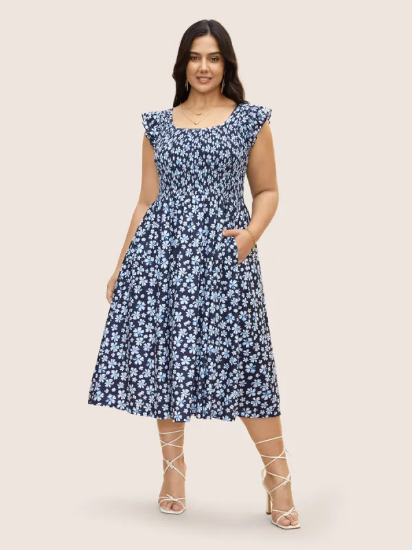 Ditsy Floral Shirred Ruffle Trim Midi Dress sold by Bloomchic